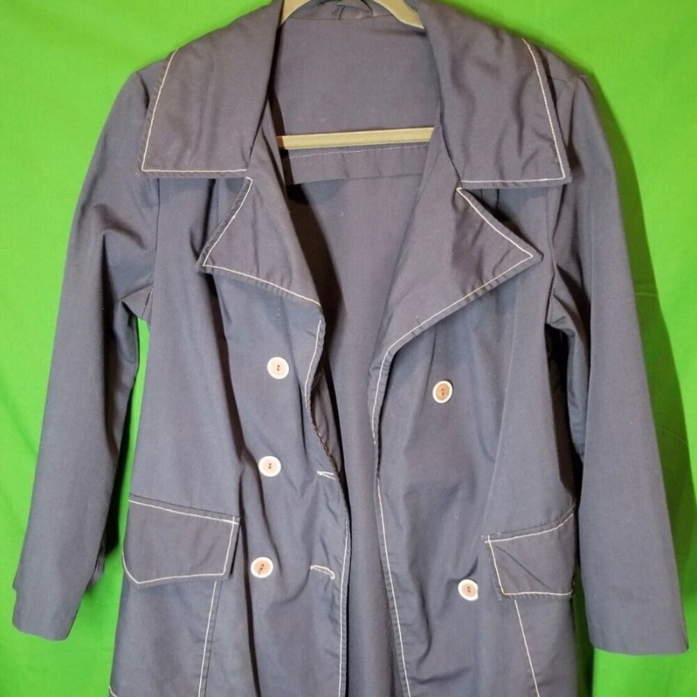 SINGLE‎ STITCHED 1970's Montgomery Ward Womens Medium Navy Trench Coat Vintage